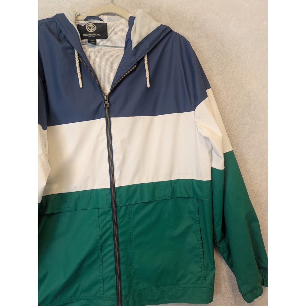 Weatherproof Rain Jacket Men's Large Blue White Green Colorblock Hooded Zip - Picture 5 of 10